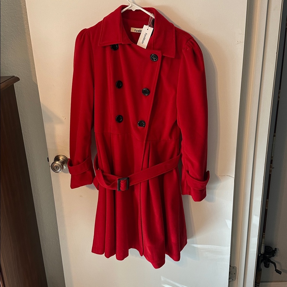 A beautiful belted coat red with back buttons.